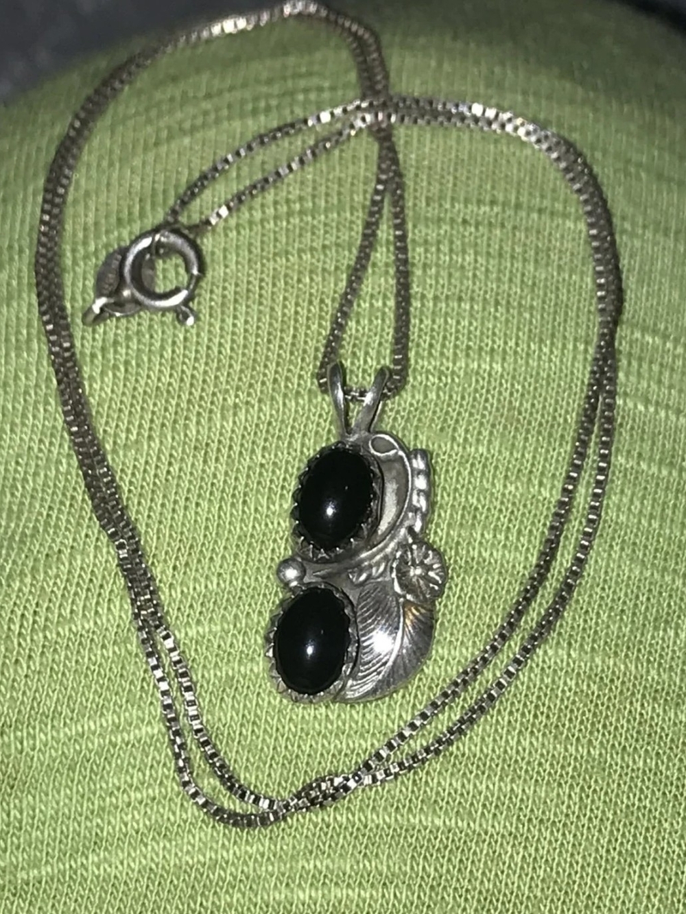 Sterling Silver Vintage Black Onyx Double Stone Pendant Necklace - Women Jewelry